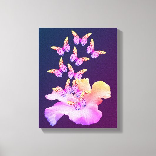 Hibiskus Blume und farbenfrohe Schmetterlinge auf  Leinwanddruck (Vorderseite)