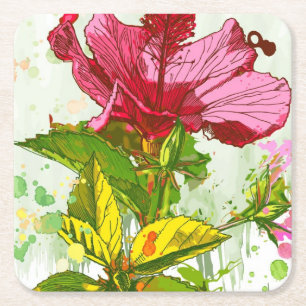 Hibiskus-Blume - Watercolorfarbe Rechteckiger Pappuntersetzer