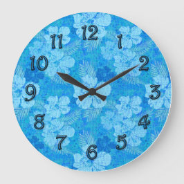 Hibiskus-Blumen-blauer Batik-Blick Große Wanduhr