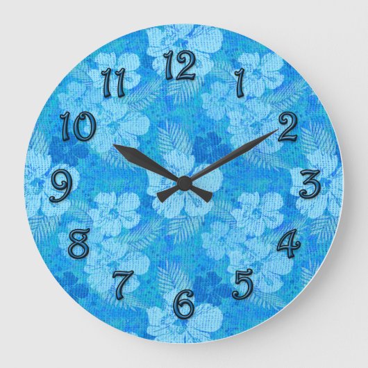 Hibiskus-Blumen-blauer Batik-Blick Große Wanduhr (Vorderseite)