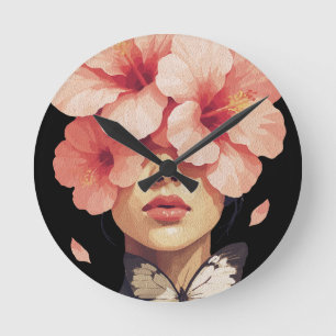 Hibiskus & Butterfly - Moderne botanische Blumenpr Runde Wanduhr