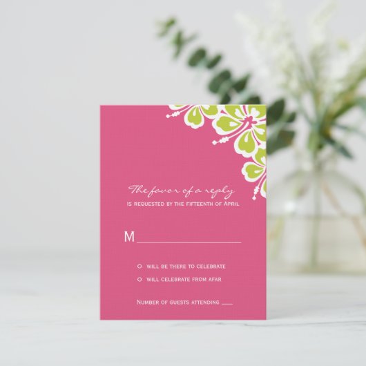Hibiskus Delight Wedding RSVP Card - Azalea - (Stehend Vorderseite)