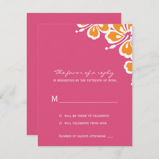Hibiskus Delight Wedding RSVP Card - Azalea - (Vorne/Hinten)