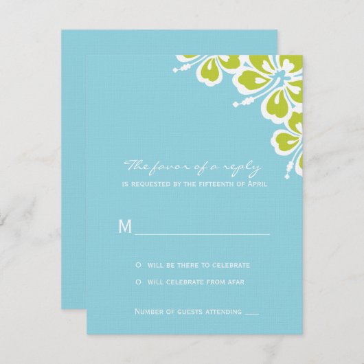 Hibiskus Delight Wedding RSVP Card - Sky Blue - (Vorne/Hinten)