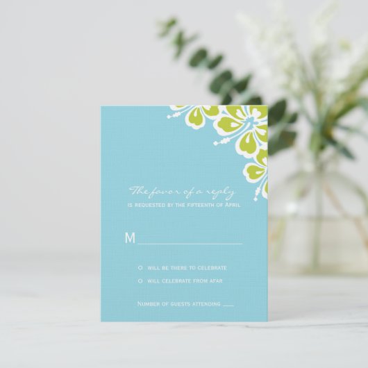 Hibiskus Delight Wedding RSVP Card - Sky Blue - (Stehend Vorderseite)