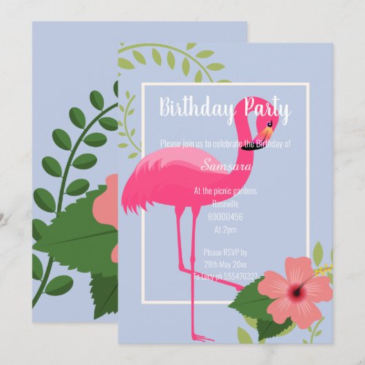 HIBISKUS FLAMINGO BLAUE WHITE GOLD EINLADUNG (Vorne/Hinten)