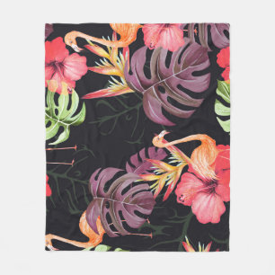 Hibiskus, Flamingos, tropisches Watercolor-Muster. Fleecedecke