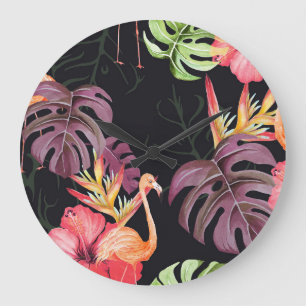 Hibiskus, Flamingos, tropisches Watercolor-Muster. Große Wanduhr