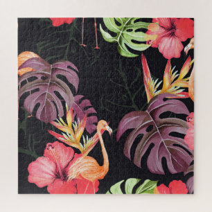 Hibiskus, Flamingos, tropisches Watercolor-Muster. Puzzle