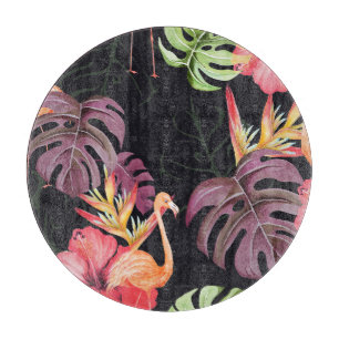 Hibiskus, Flamingos, Wasserfarben-Tropenmuster. Schneidebrett