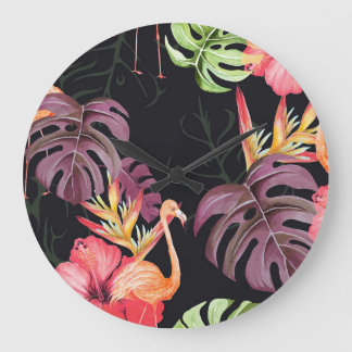 Hibiskus, Flamingos, Wasserfarbenes tropisches Mus Große Wanduhr
