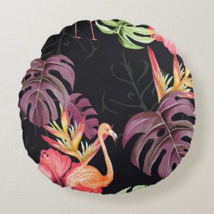 Hibiskus, Flamingos, Wasserfarbenes tropisches Mus Rundes Kissen