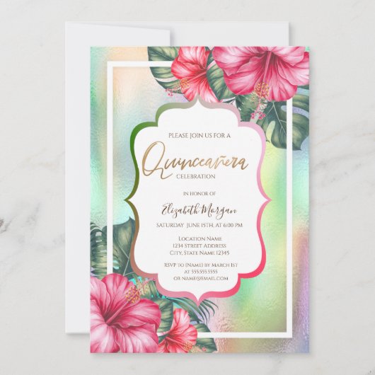 Hibiskus Frame Holographic Quinceanera Einladung (Vorderseite)