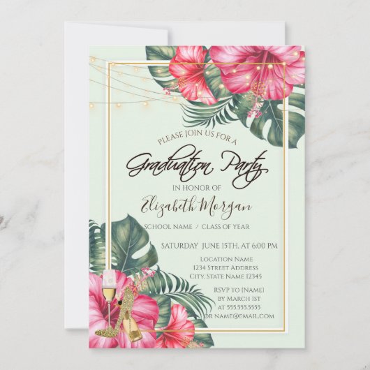 Hibiskus, Gold Heelse Glitzer Abschluss Einladung (Vorderseite)