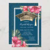 Hibiskus, Graduation Cap Blue Graduation Party Einladung (Vorne/Hinten)