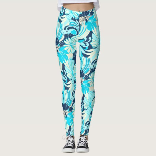 Hibiskus Jungle Hawaiian Tropical Floral Aqua Leggings (Vorderseite)