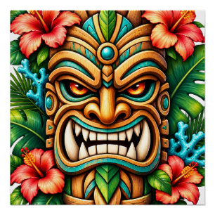 Hibiskus-Krone Tiki-Wächter Glänzendes Poster