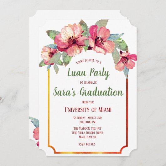 Hibiskus Luau Graduiertenfest Einladung (Vorne/Hinten)