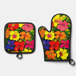 Hibiskus Ofenhandschuh & Topflappen-Set