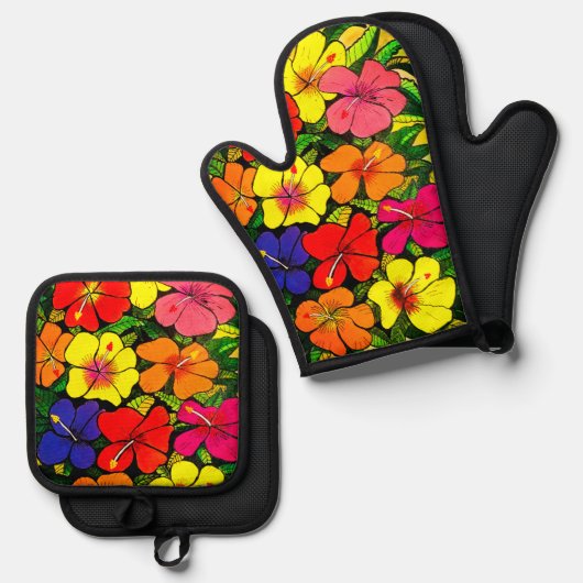 Hibiskus Ofenhandschuh & Topflappen-Set (Vorderseite/Rückseite)