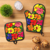 Hibiskus Ofenhandschuh & Topflappen-Set (Oben Unten)