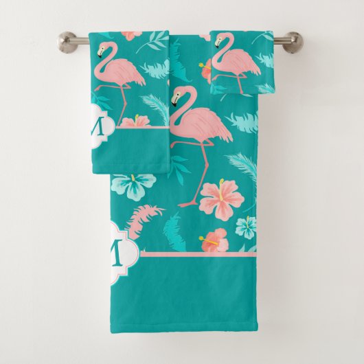 Hibiskus Pink Flamingo Tropical Monogram Badhandtuch Set (Insitu)