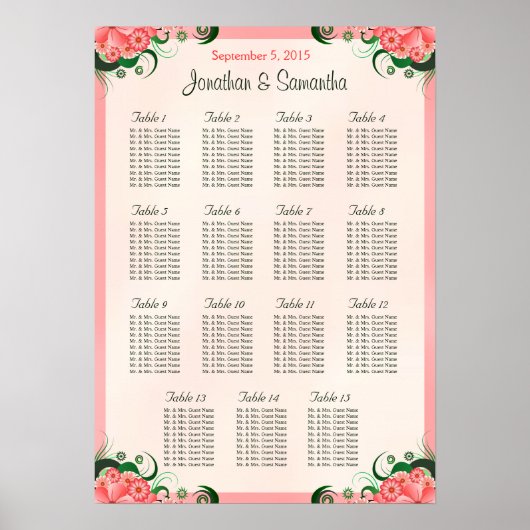 Hibiskus Rosa 15 Hochzeitstabellen Sitzkarten Poster (Vorne)