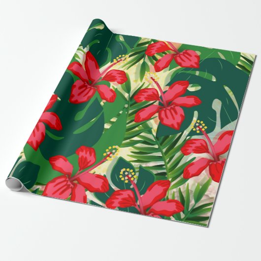 Hibiskus Rote Blume Tropengrün Geschenkpapier (Ungerollt)