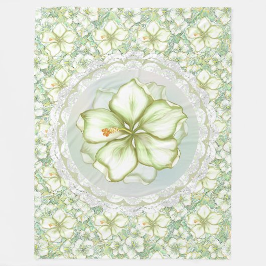 Hibiskus & Spitzen WHITE Fleecedecke (Vorderseite)