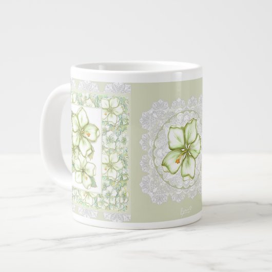 Hibiskus & Spitzen WHITE Jumbo-Tasse (Vorderseite Links)