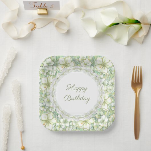 Hibiskus & Spitzen WHITE Pappteller (Hochzeit)