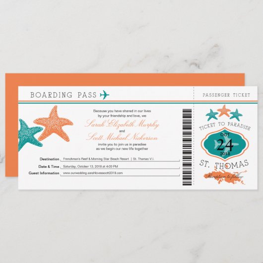 Hibiskus St. Thomas Boarding Pass Hochzeit Einladung (Vorne/Hinten)