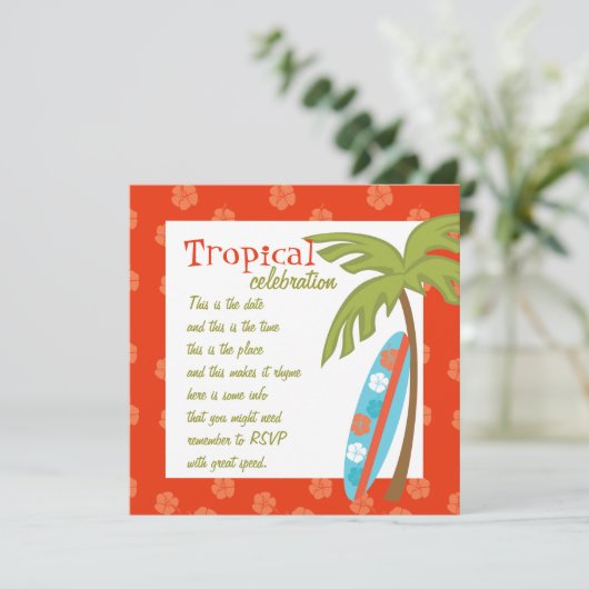 Hibiskus Surfboard Einladung (Stehend Vorderseite)