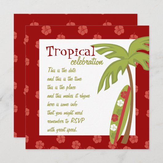 Hibiskus Surfboard Einladung (Vorne/Hinten)