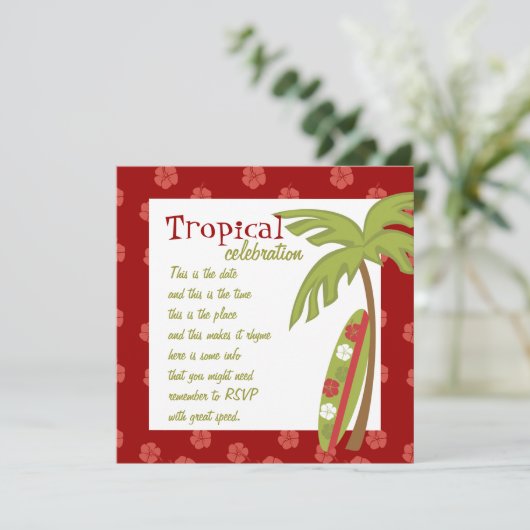 Hibiskus Surfboard Einladung (Stehend Vorderseite)