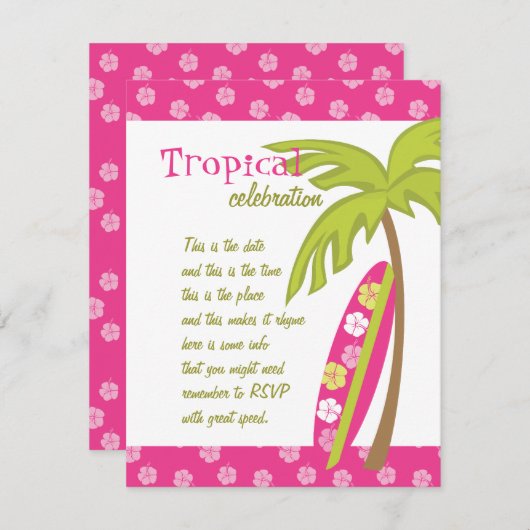 Hibiskus Surfboard Einladung (Vorne/Hinten)