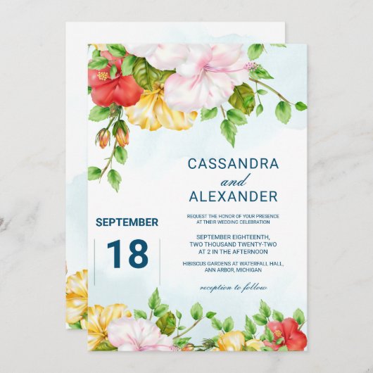Hibiskus Tropical Floral Wedding Einladung (Vorne/Hinten)