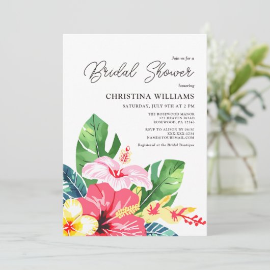 Hibiskus tropisches Brautparty Einladung (Stehend Vorderseite)