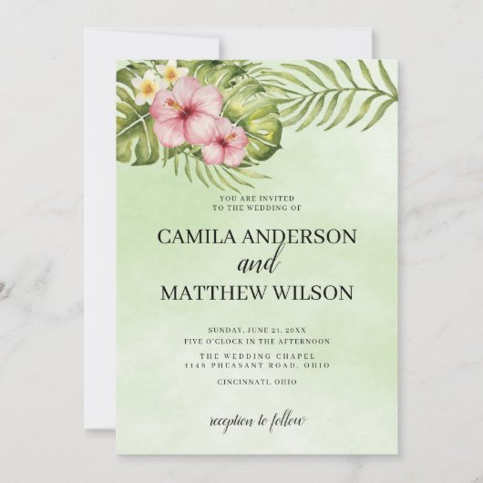 Hibiskus und Blätter Hochzeit Einladung (Vorderseite)