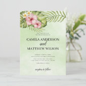 Hibiskus und Blätter Hochzeit Einladung (Stehend Vorderseite)