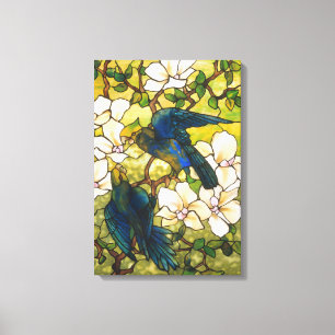 Hibiskus und Papageien-beflecktes Glasfenster Leinwanddruck