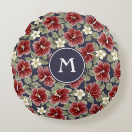 Hibiskus und Plumeria - Maroon Rundes Kissen