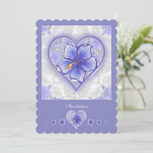 Hibiskus und Spitze BLAU Einladung (Stehend Vorderseite)