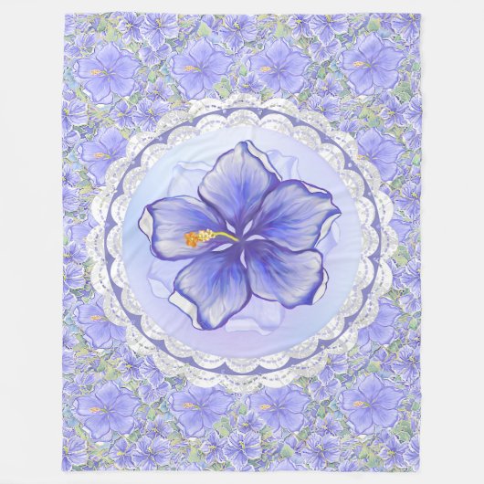 Hibiskus und Spitze BLAU Fleecedecke (Vorderseite)