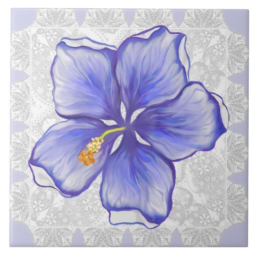 Hibiskus und Spitze BLAU Fliese (Vorderseite)