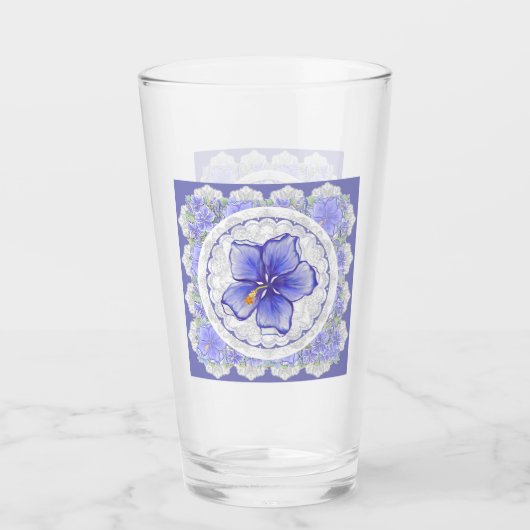 Hibiskus und Spitze BLAU Glas (Vorderseite)