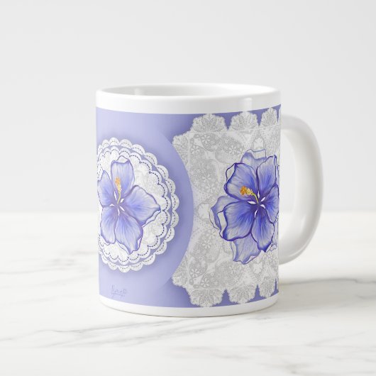 Hibiskus und Spitze BLAU Jumbo-Tasse (Vorderseite Rechts)
