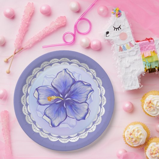 Hibiskus und Spitze BLAU Pappteller (Party)