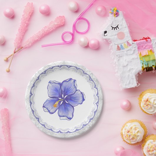 Hibiskus und Spitze BLAU Pappteller (Party)