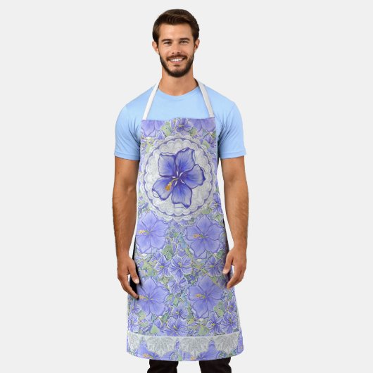 Hibiskus und Spitze BLAU Schürze (Getragen)